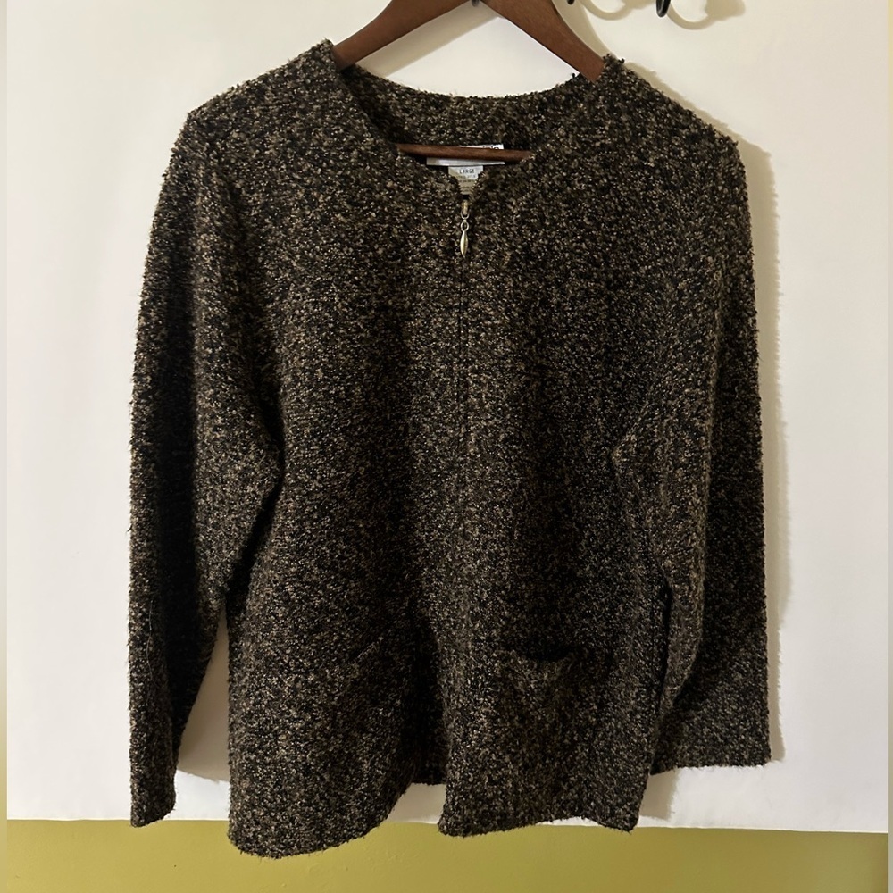 Cathy Daniels Women's Large Zip Tweed Textured Cardigan Brown With Pockets EUC